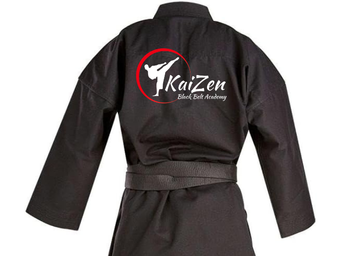 Kaizen Black Belt Academy, black karate suit for black belt students. Black gi with club logo embroidered on chest and back. Kids martial arts classes, kids karate, self defence classes. club uniforms 