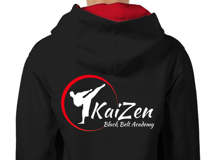 Kaizen Black Belt Academy, black hoody. Black hoody with club logo  on chest and back. Kids martial arts classes, kids karate, self defence classes. club uniforms and t-shirts